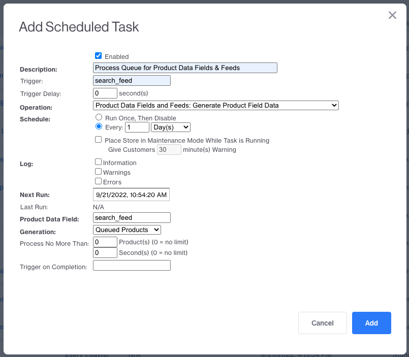 Product Data Fields - Schedueld Task Configuration