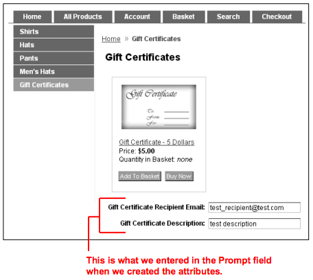 Gift Certificate Prompt Field