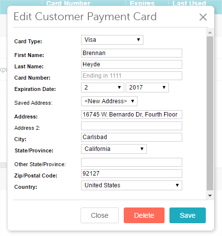 Edit Customer Payment Card
