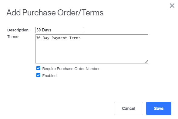Purchase Order/Terms Settings